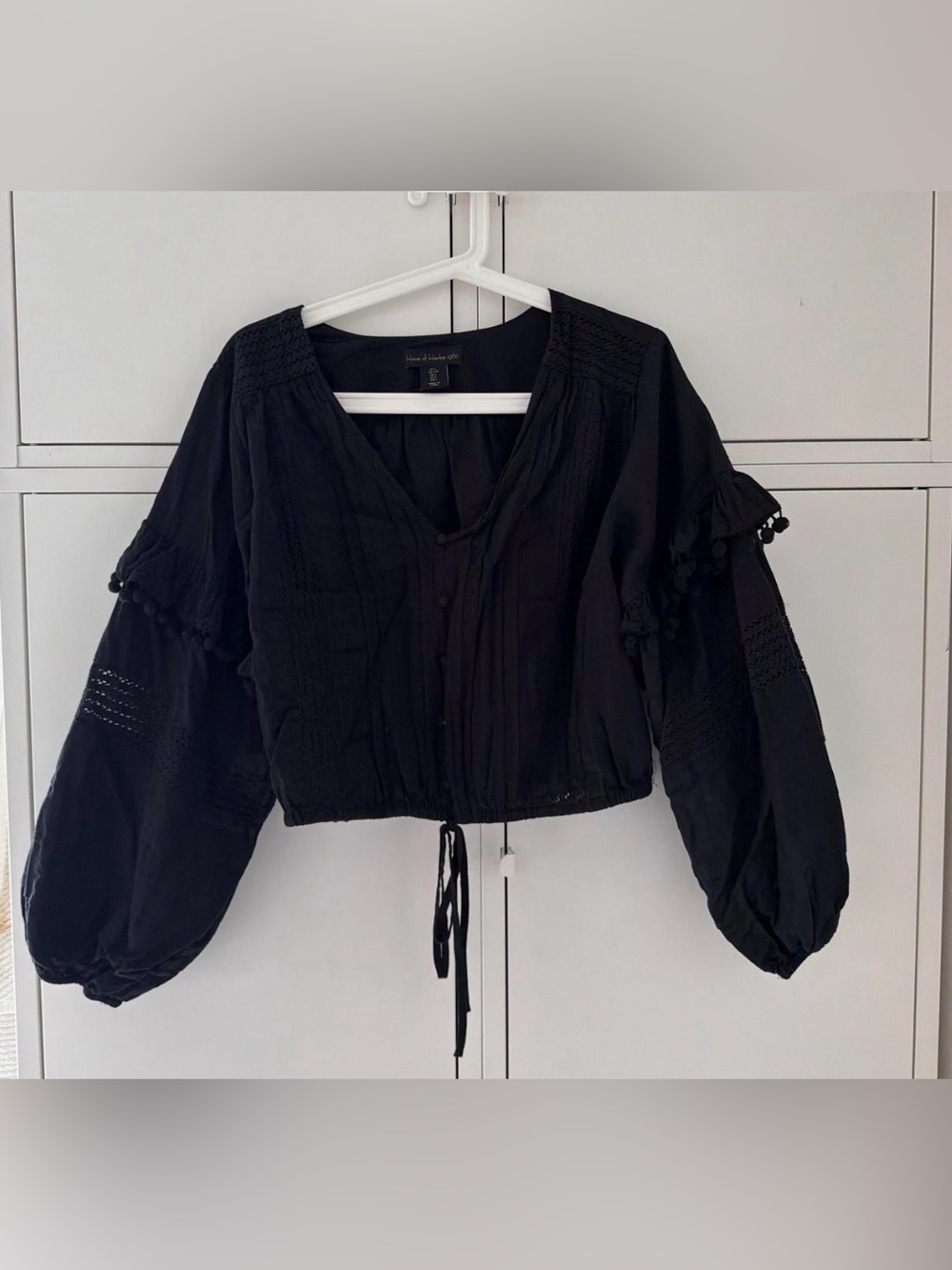 House of Harlow 1960 Black Boho Tie-Front Peasant Blouse